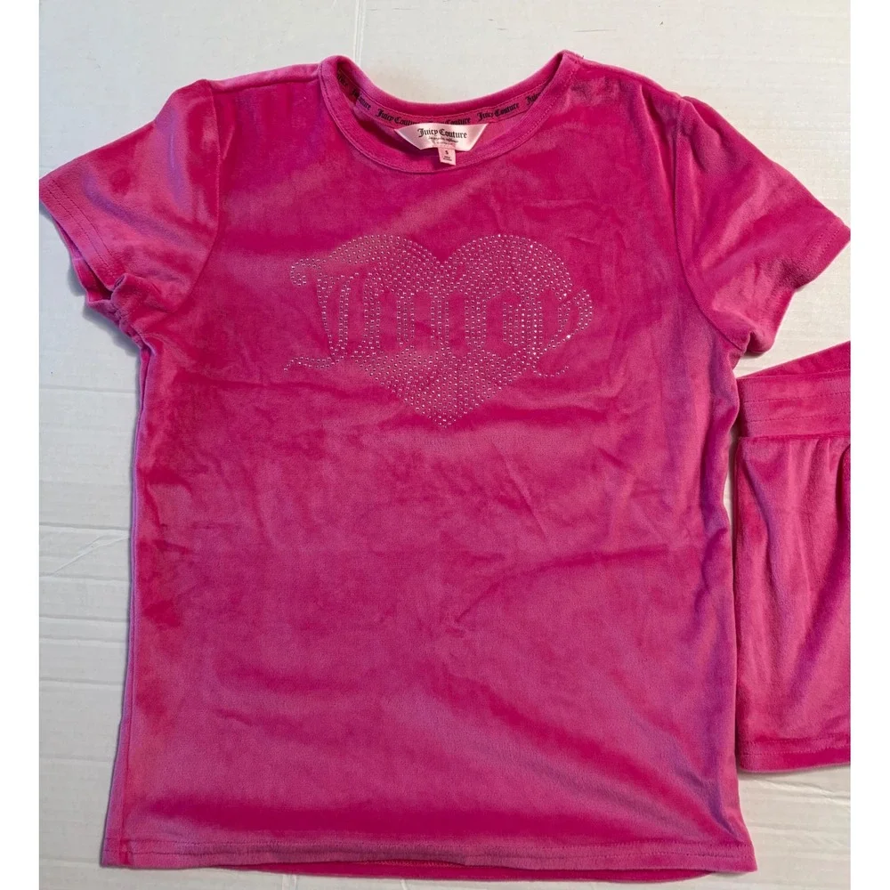 Juicy Couture Womens Hot Pink Velour Rhinestone Heart Pajama Lounge Set‎ Small